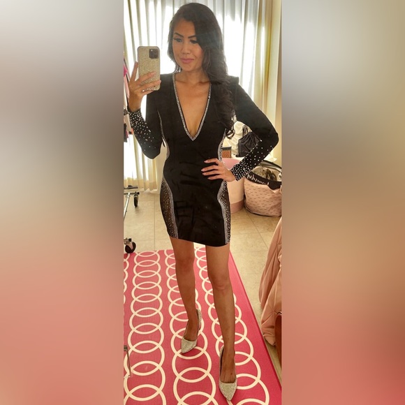 Windsor Black Rhinestones Deep V-Neck Sheer Mesh Side Cut Outs Blazer Mini Dress - Picture 2 of 15